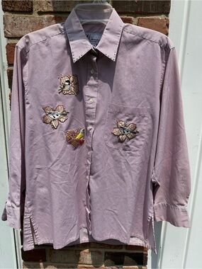 MiLi Designs Woman's S Pink/Red Stripe Bird Heart Appliqué Button Up Long Sleeve